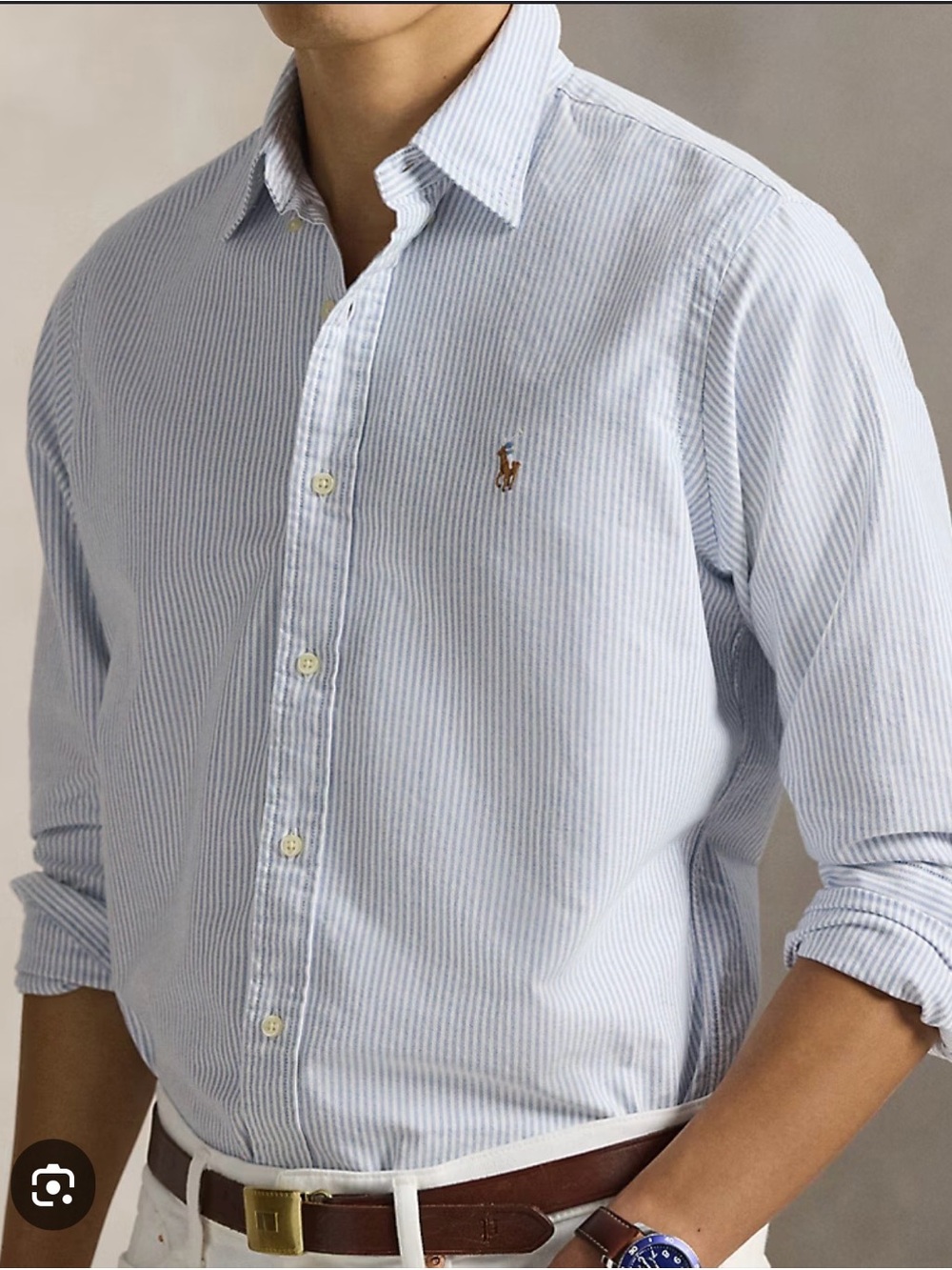 Ralph Lauren Men's Blue and White Pinstripe Button-Down Shirt
